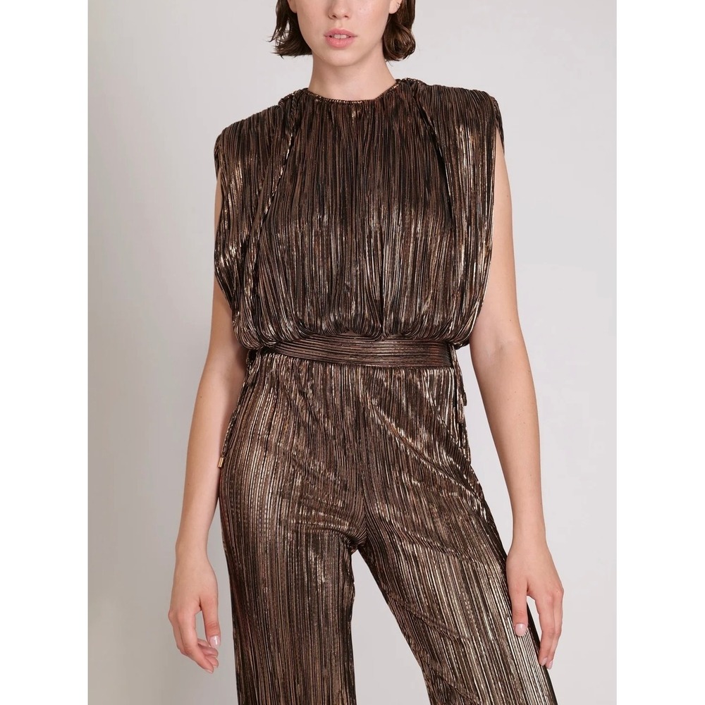 Sabina Musayev North Top Pants 2 Piece Set XS Black Copper Metallic Pleat Plisse